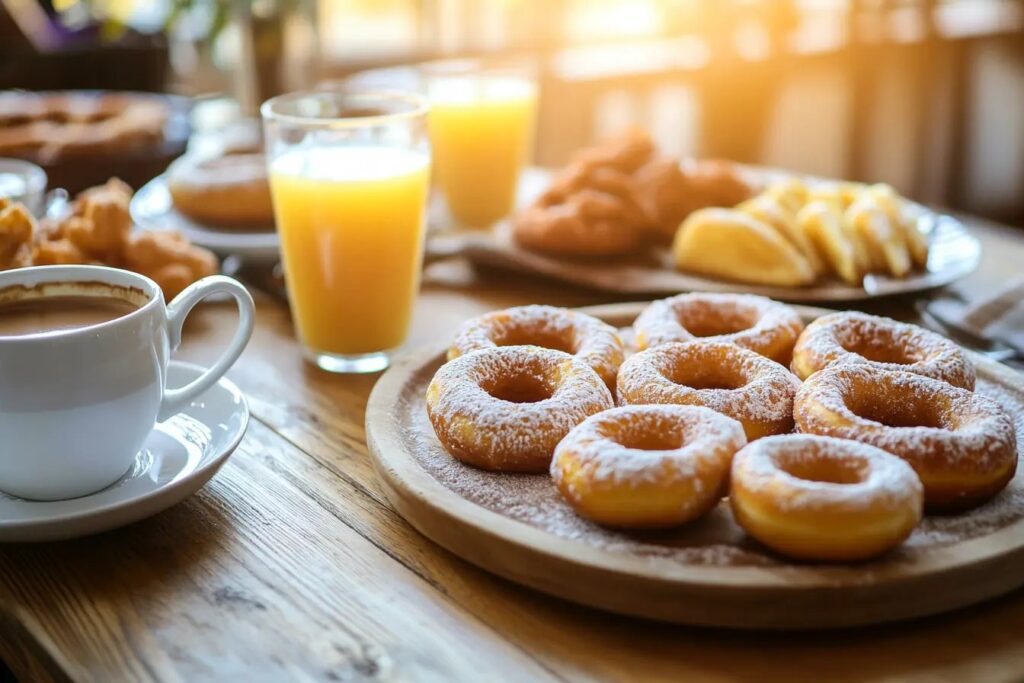 A variety of fried ring-shaped breakfast pastries on a café table.