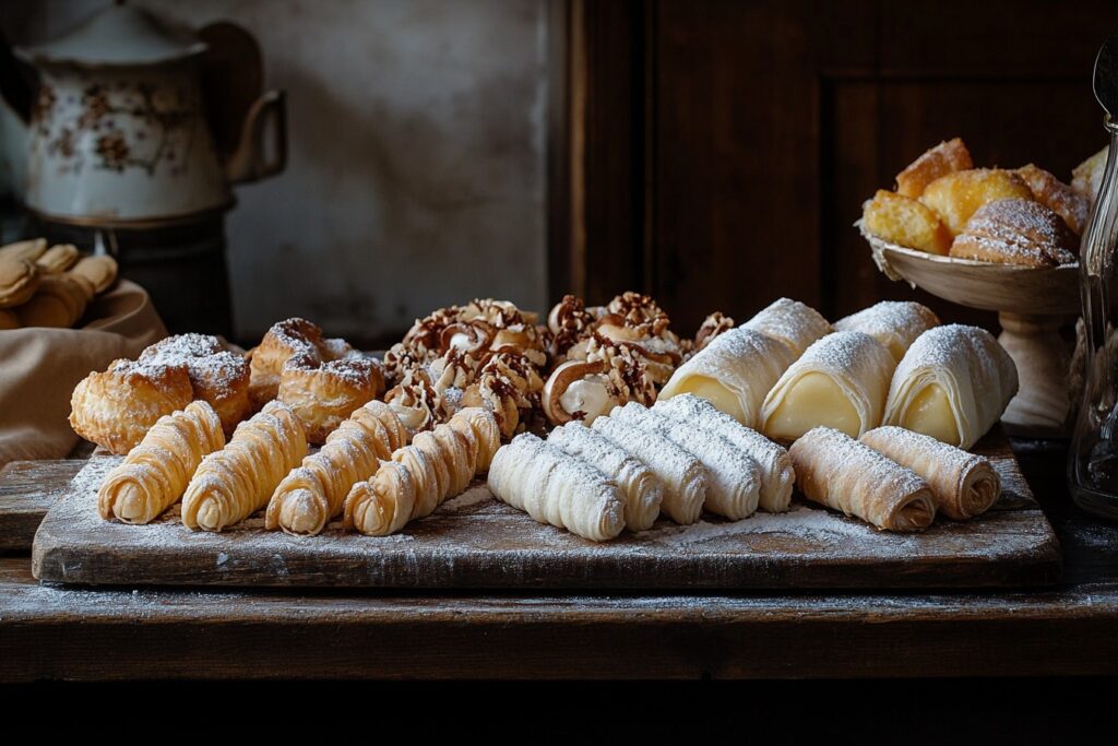 A tray of Italian breakfast pastries including cornetti and sfogliatella.