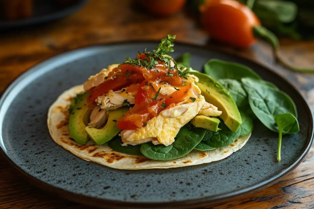 Chicken breakfast wrap with spinach and avocado.