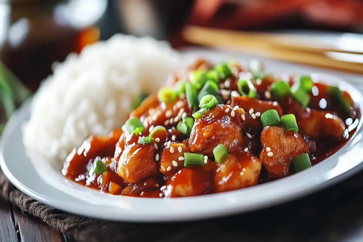 Plate of Chicken Manchurian with garnishes and rice