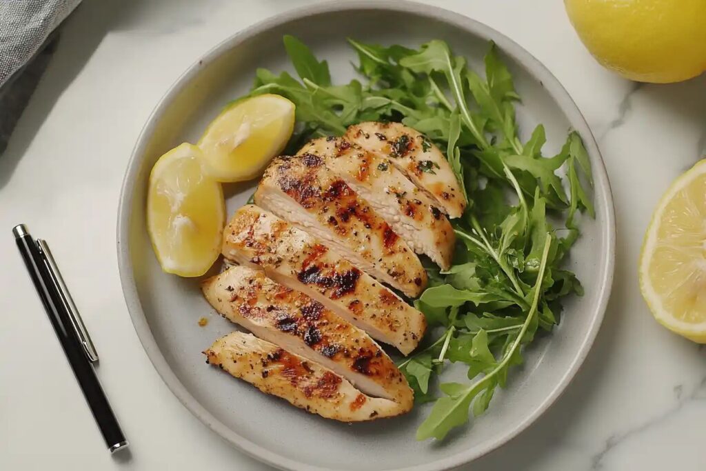 Grilled chicken with greens and lemon wedges for meal prep.