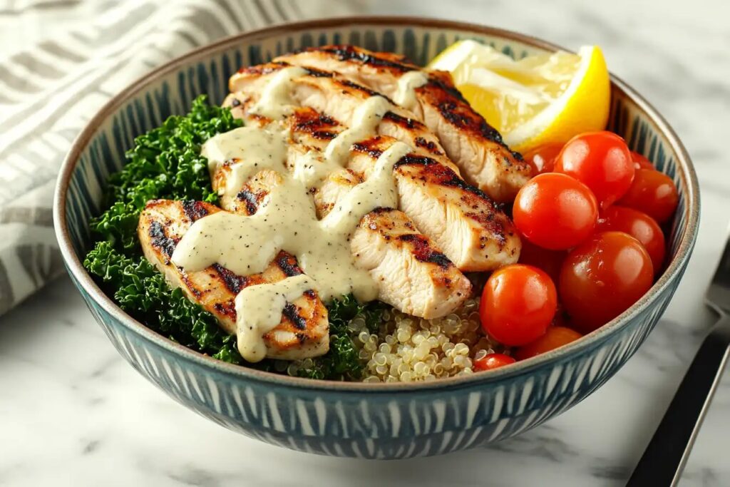 Chicken and quinoa breakfast bowl with kale and tomatoes.