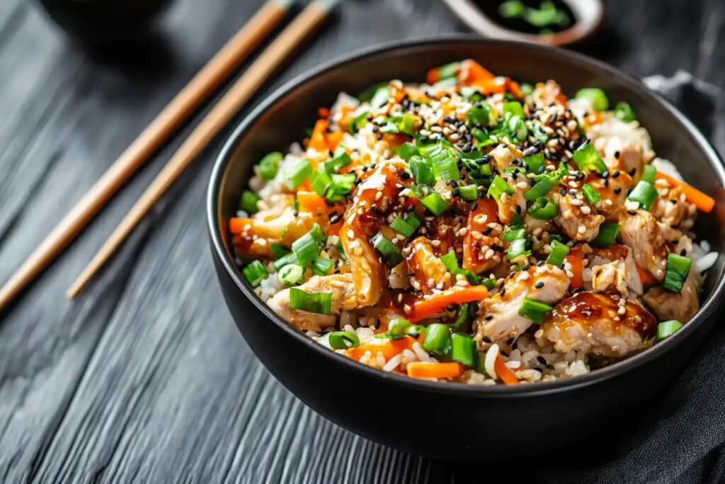 A bowl of chicken and egg fried rice with colorful garnishes.