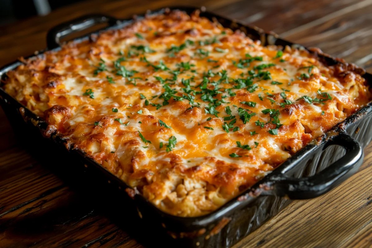 Chicken and hash brown casserole with golden cheese topping