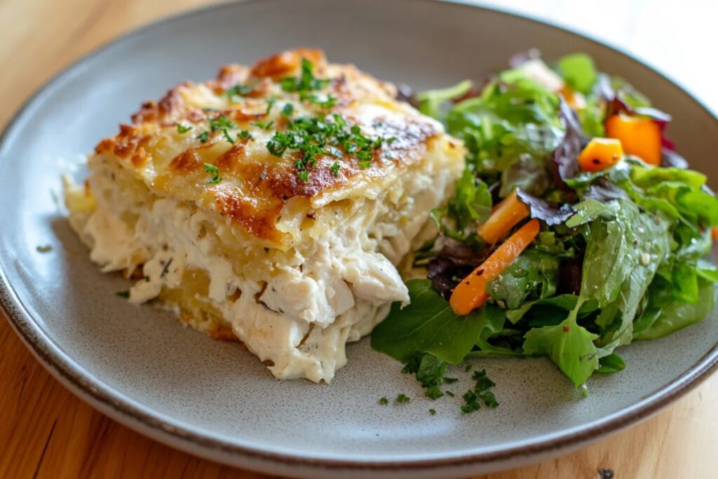 Chicken and hash brown casserole with a green salad