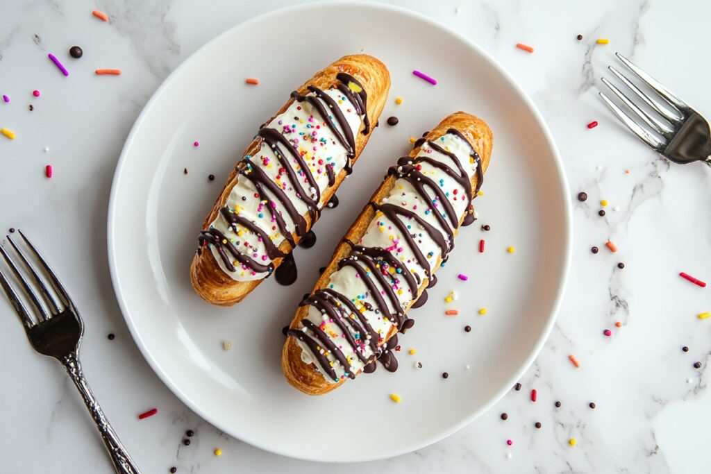 Chocolate-topped éclairs filled with cream on a white plate.