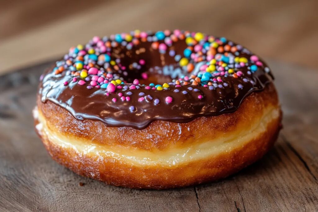 A chocolate-glazed doughnut with sprinkles.