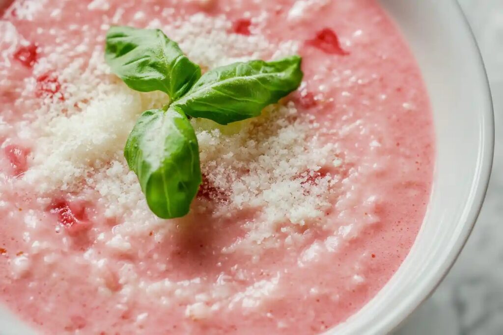 A bowl of pasta with pink sauce topped with Parmesan cheese and basil.