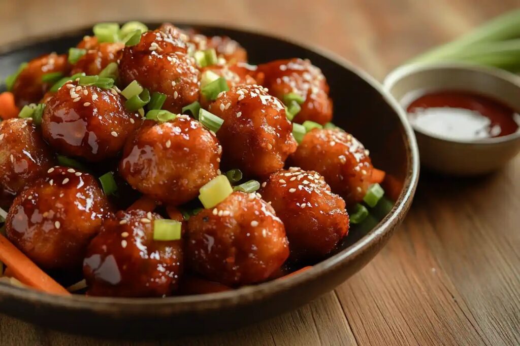 Crispy vegetable Manchurian balls garnished with green onions on a wooden table.