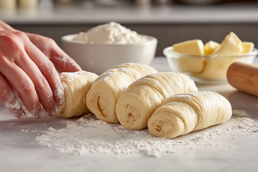 Baker rolling croissant dough with visible folds on a floured surface.