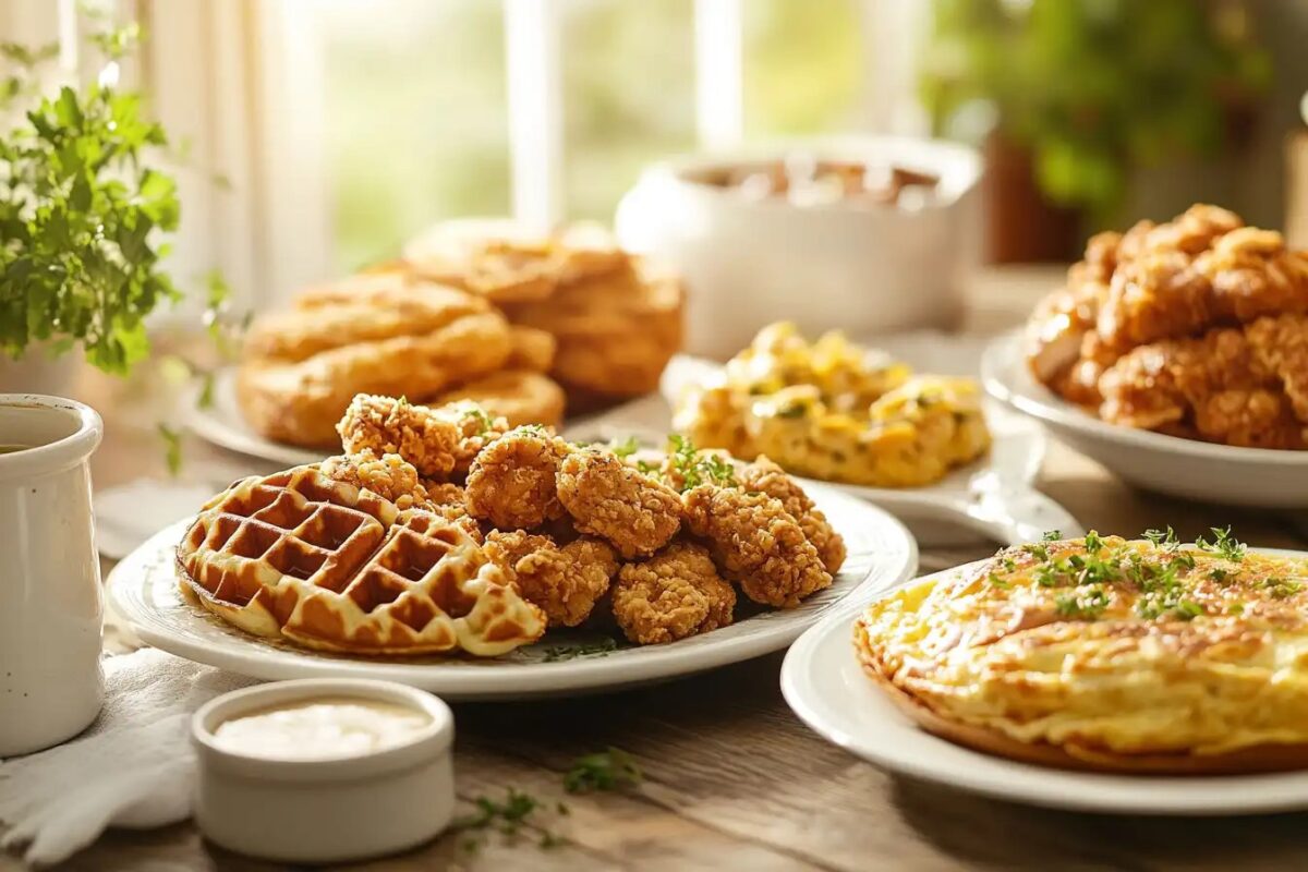 Breakfast table with chicken dishes like waffles, omelets, and toast.