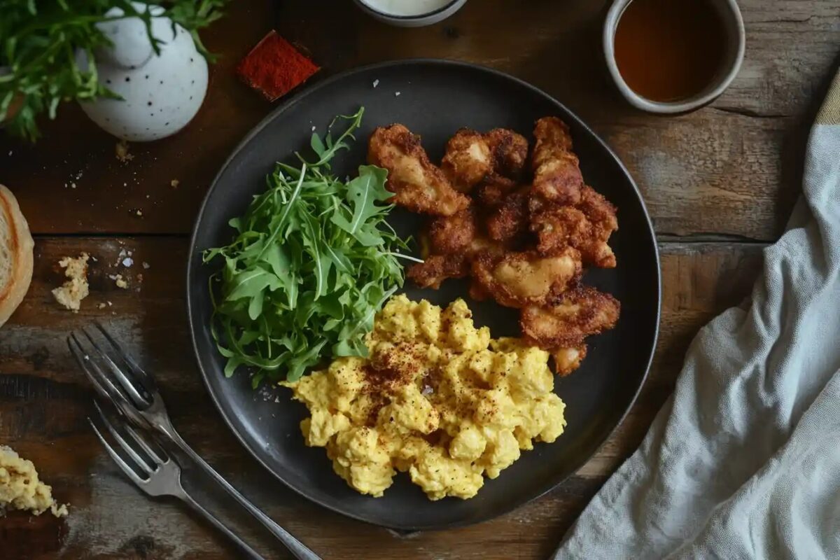 Breakfast table with scrambled eggs and crispy chicken.