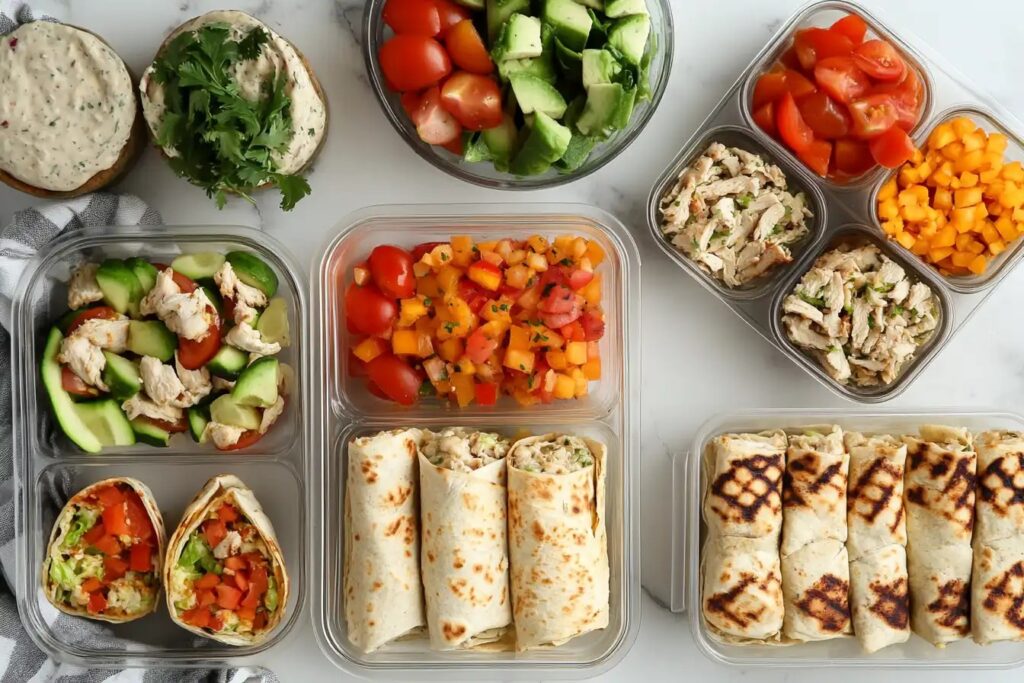 Chicken breakfast meal prep with burritos, muffins, and bowls in containers.