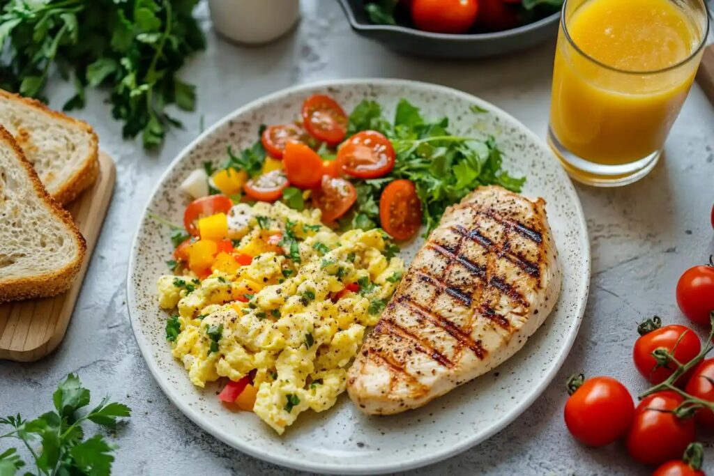 Plate of scrambled eggs and grilled chicken with breakfast sides.