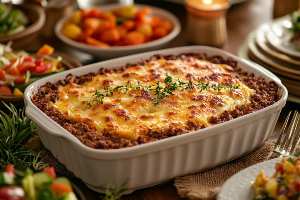 Ground beef hash brown casserole on a family dinner table with side dishes.