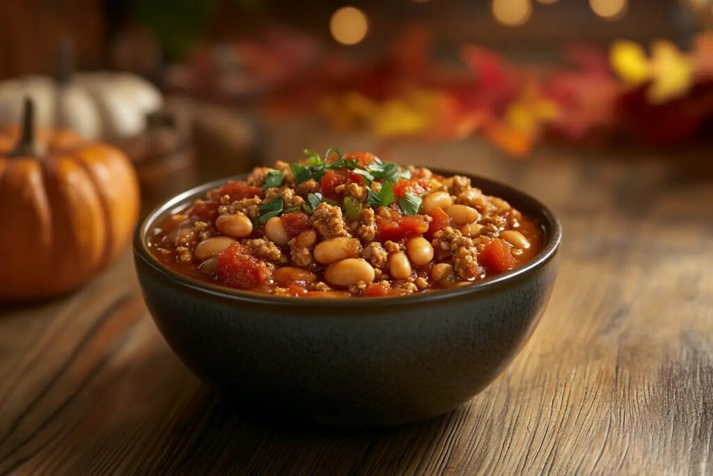 Panera turkey chili served in a rustic bowl with autumn decor.