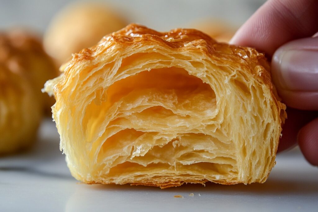 A close-up of a flaky croissant being torn apart.