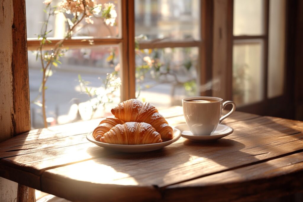 A cozy French café table with croissants and coffee.