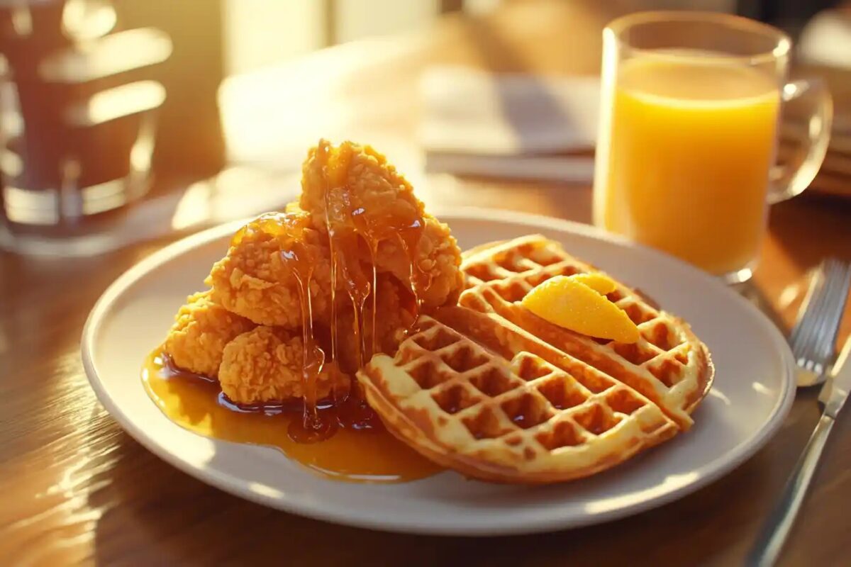 Fried chicken and waffles with maple syrup on a breakfast table