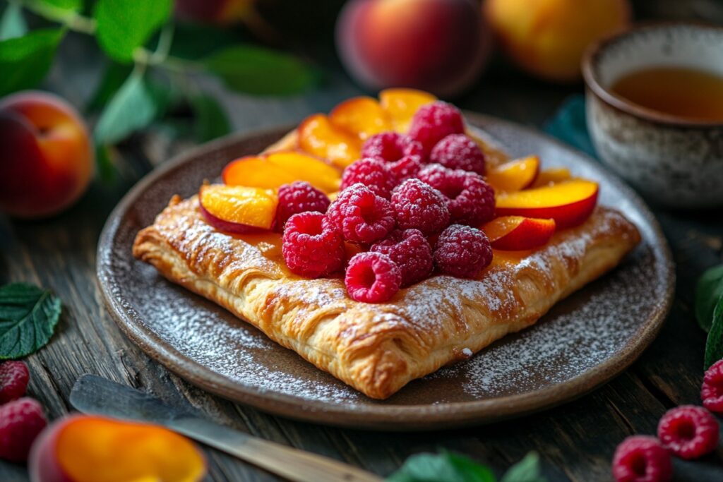 Danish pastry topped with raspberries and peaches, dusted with powdered sugar.