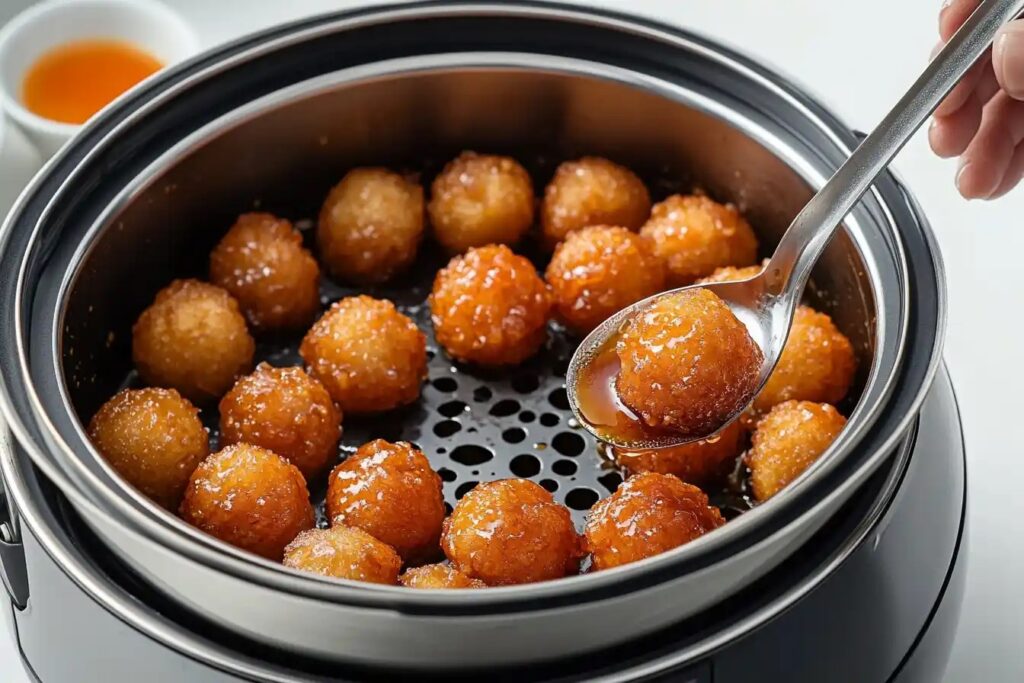 Manchurian balls being removed from a deep fryer with steam rising.