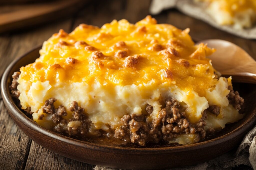 Ground beef hash brown casserole with crispy topping and melted cheese.