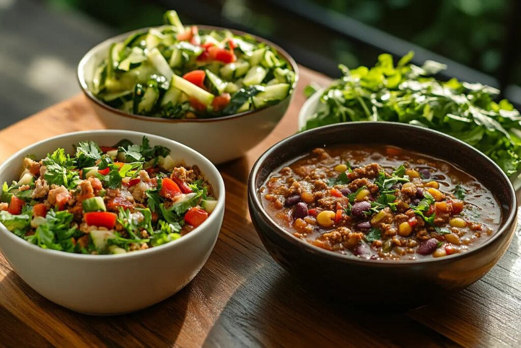 Turkey chili alongside a green salad and vegetable soup for comparison.