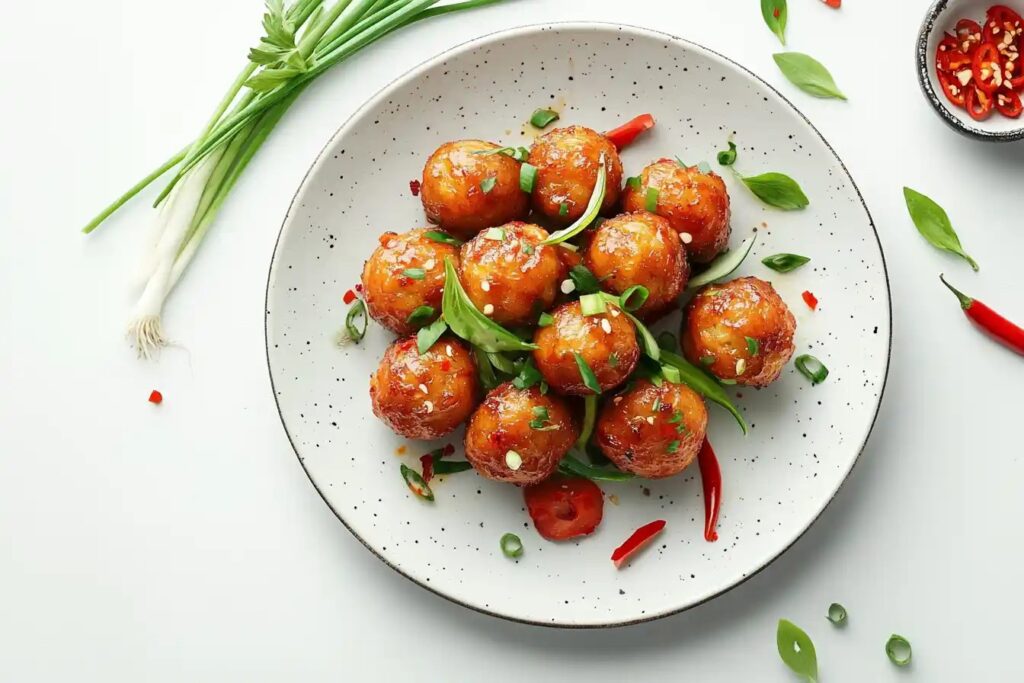 A plate of healthy vegetable Manchurian served with tangy sauce.