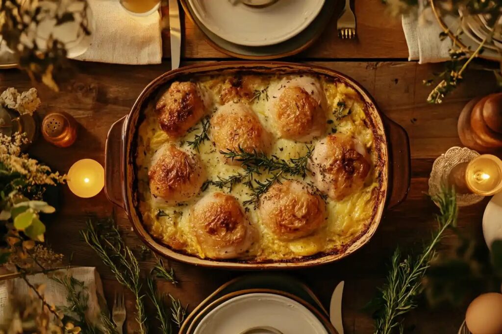 Baked chicken and egg casserole with a golden crust.