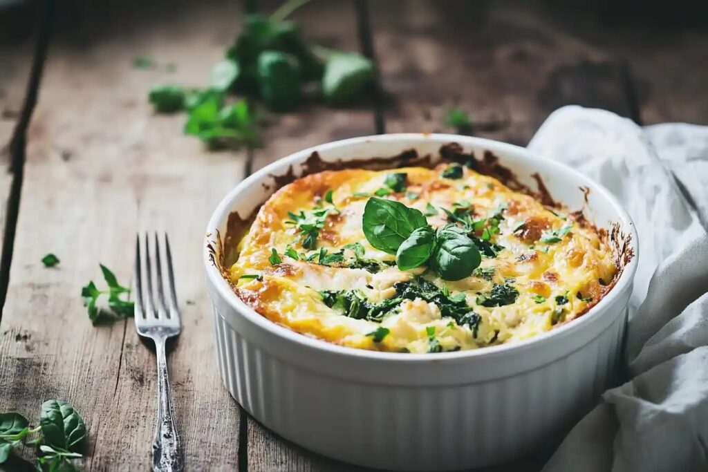 Chicken and spinach breakfast casserole garnished with fresh herbs