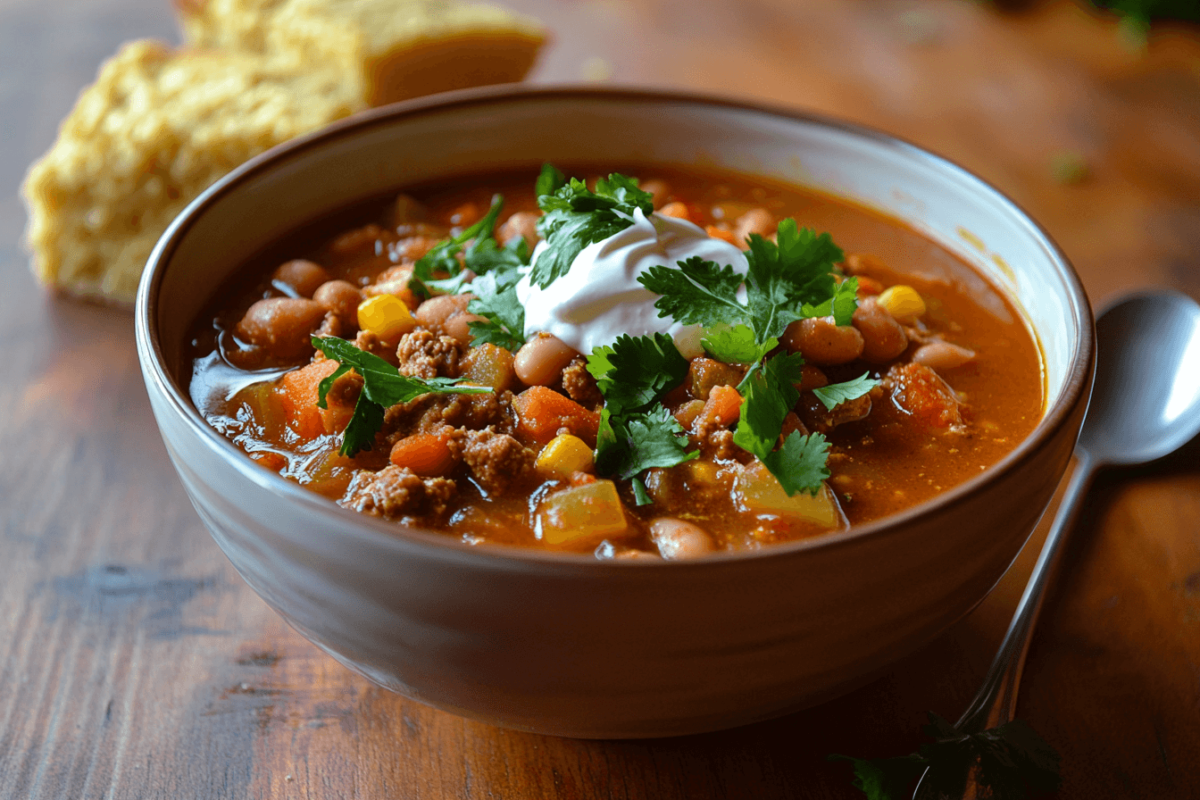 Steaming bowl of homemade Panera turkey chili garnished with cilantro and sour cream.