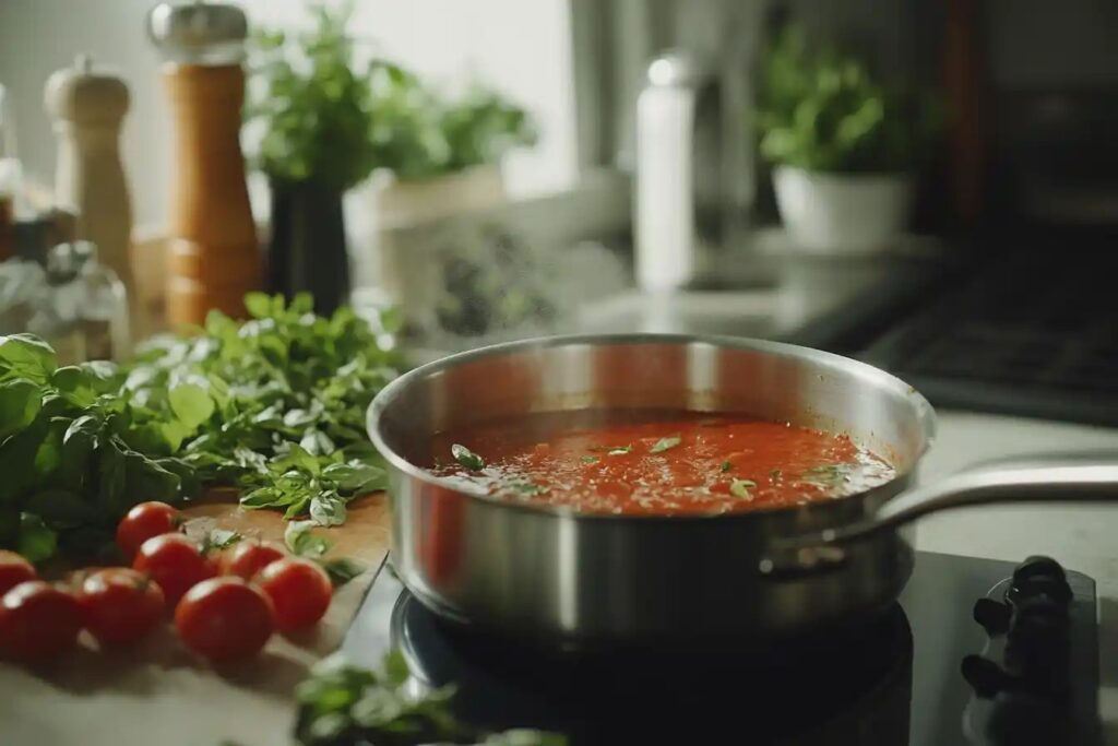 Vodka sauce preparation with ingredients. Title: Ingredients for Making Vodka Sauce.