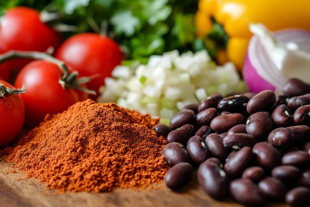 Chili ingredients including beans, tomatoes, spices, and vegetables