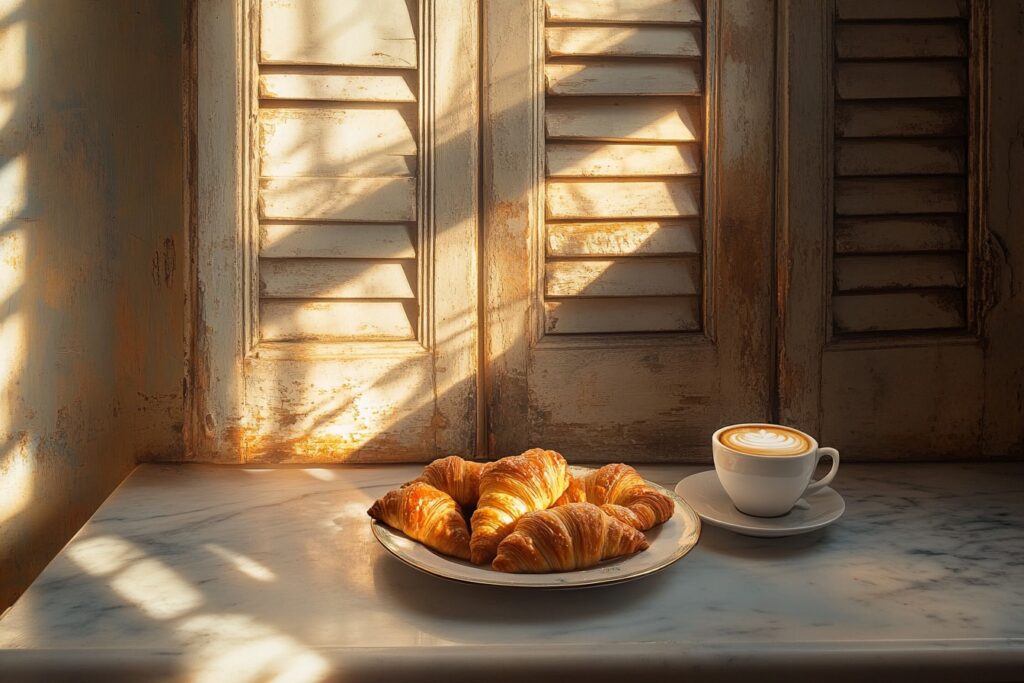 A plate of cornetti with a cappuccino in an Italian café.