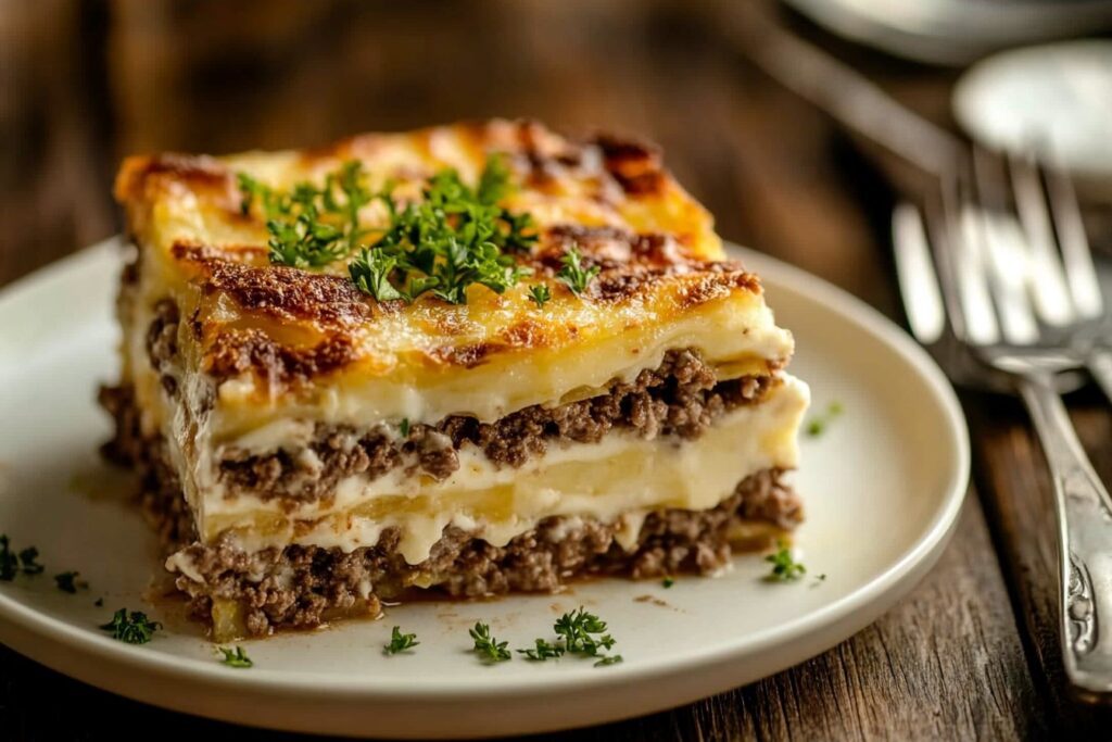 Slice of ground beef hash brown casserole showing crispy potato and beef layers.