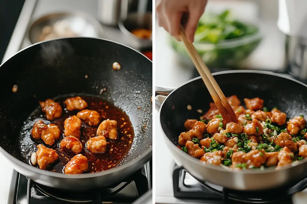 Cooking process of Manchurian chicken in a kitchen