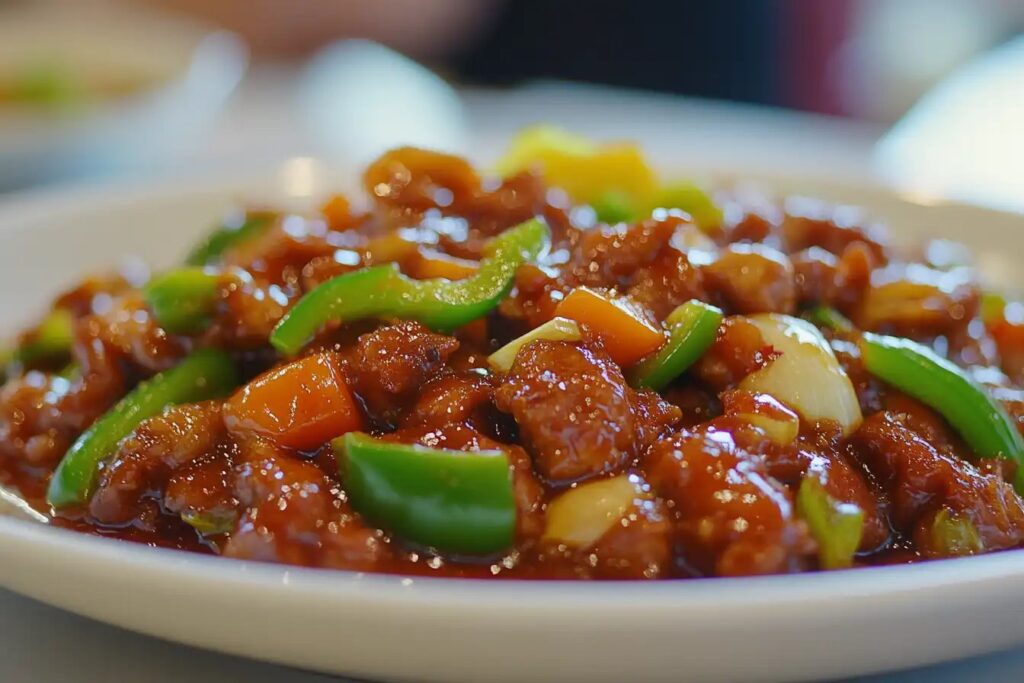 Close-up of crispy Manchurian chicken with capsicum