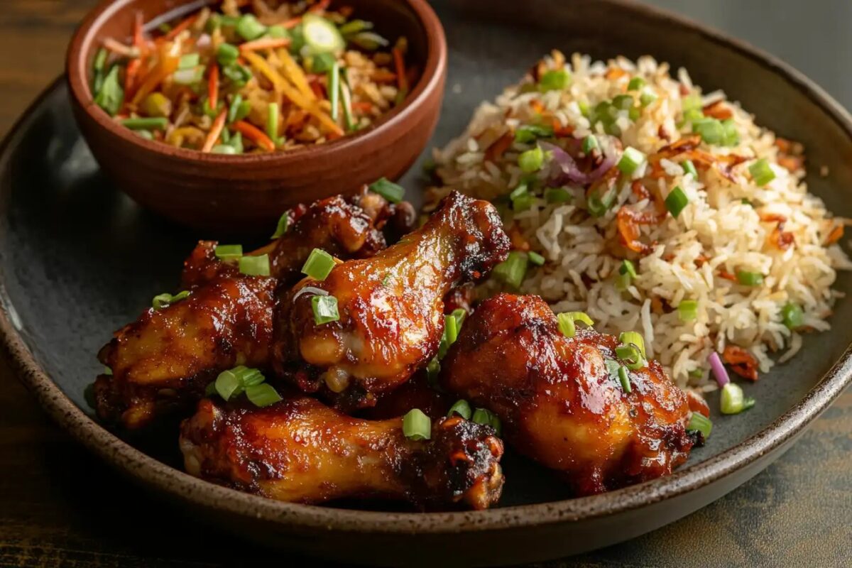 Plate of Manchurian chicken with spring onions and fried rice