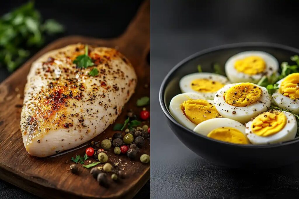 Comparison of chicken breast and boiled eggs for breakfast.