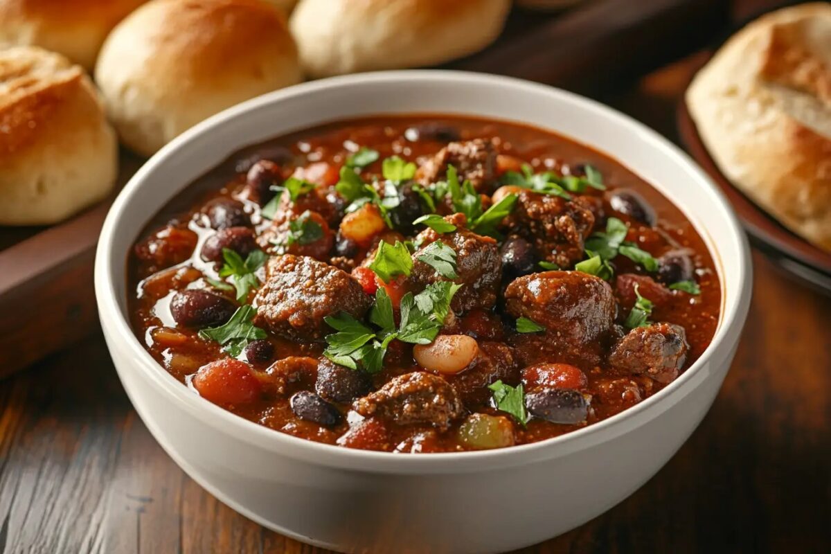 bowl of Panera chili with beans and bread rolls