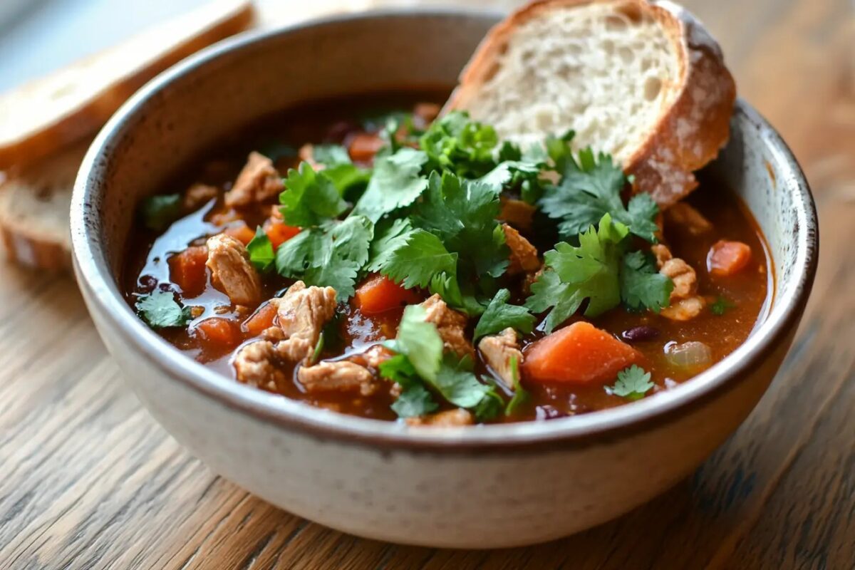 A bowl of Panera-inspired turkey chili with fresh garnishes.