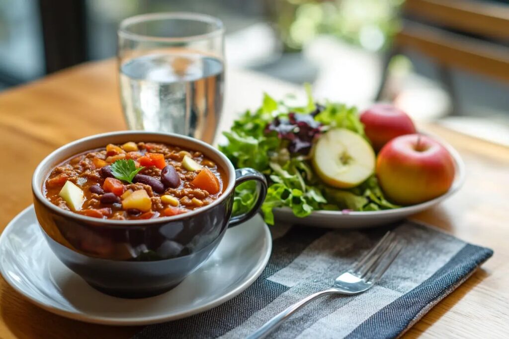 Healthy meal with Panera Turkey Chili, side salad, and apple