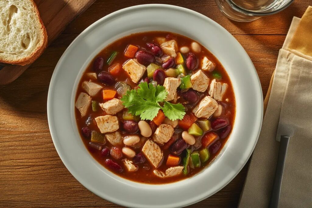 Bowl of Panera Turkey Chili on a rustic table