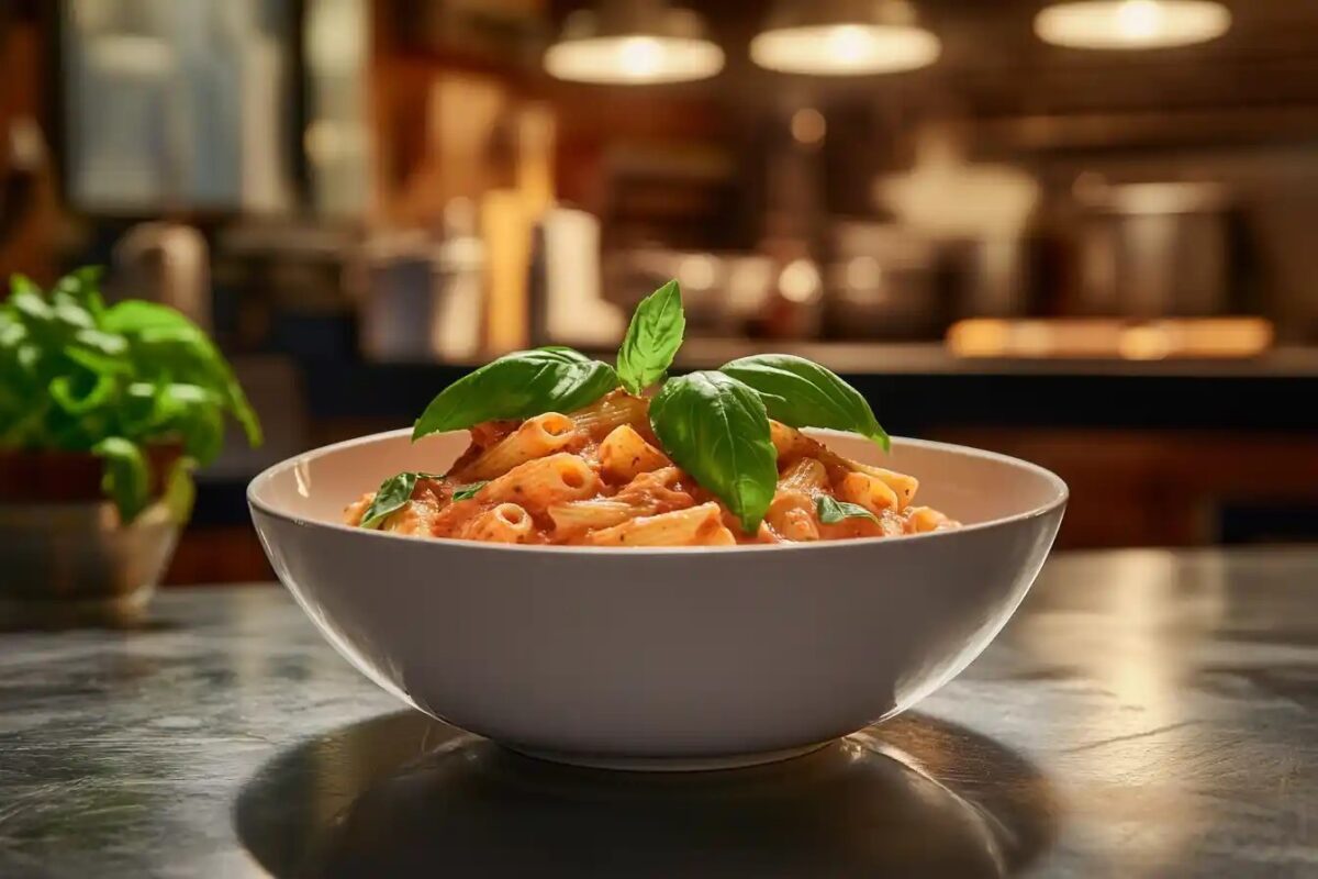 A steaming bowl of penne pasta with creamy pink vodka sauce and fresh basil.