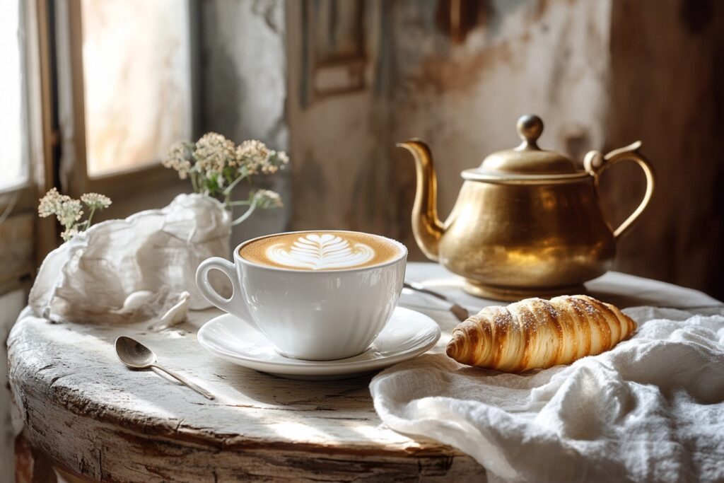 Cornetto and cappuccino on a café table in Italy.