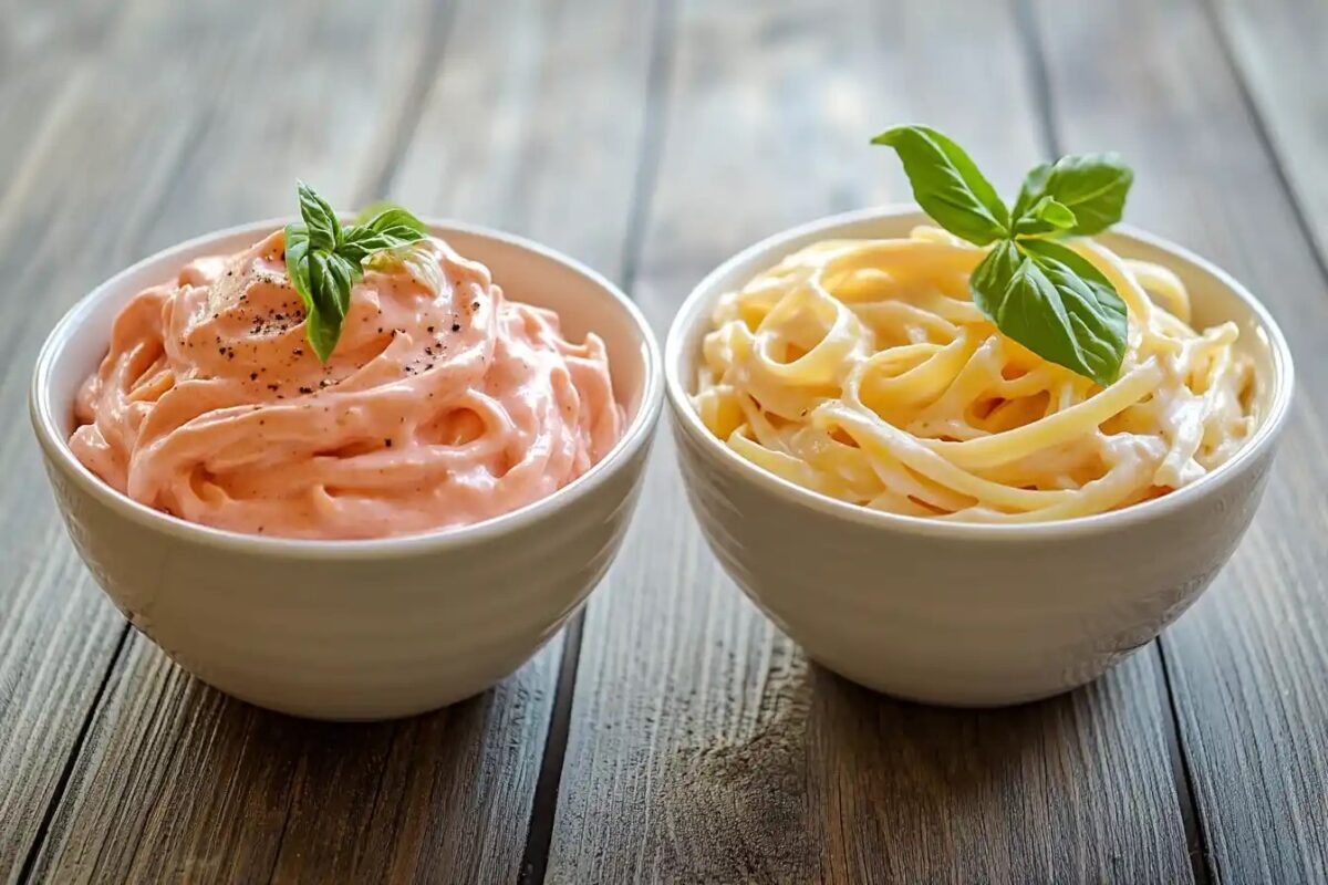 Two bowls of pasta: one with pink sauce and one with vodka sauce.