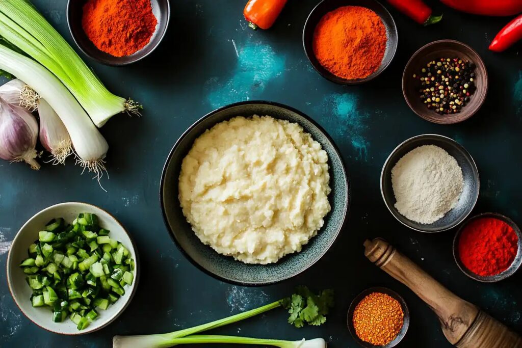 Ingredients for making crispy Manchurian, including batter, vegetables, and spices.