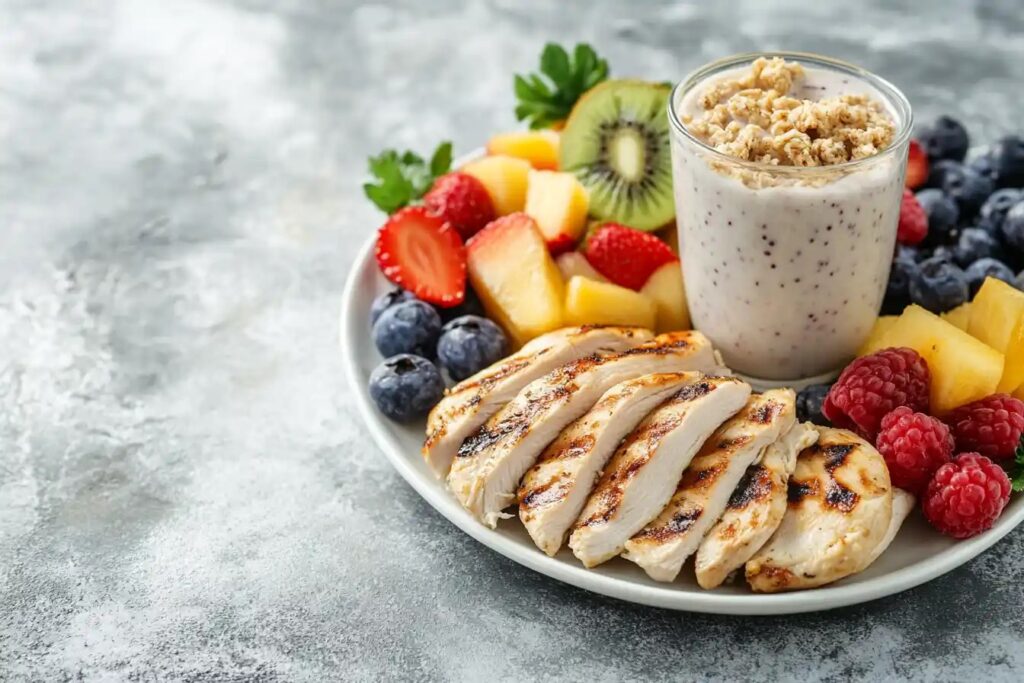 Grilled chicken breakfast with protein shake and fruits.