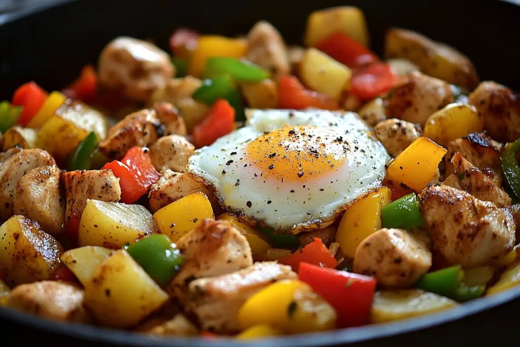 Chicken breakfast skillet with veggies and eggs in a cast iron pan.