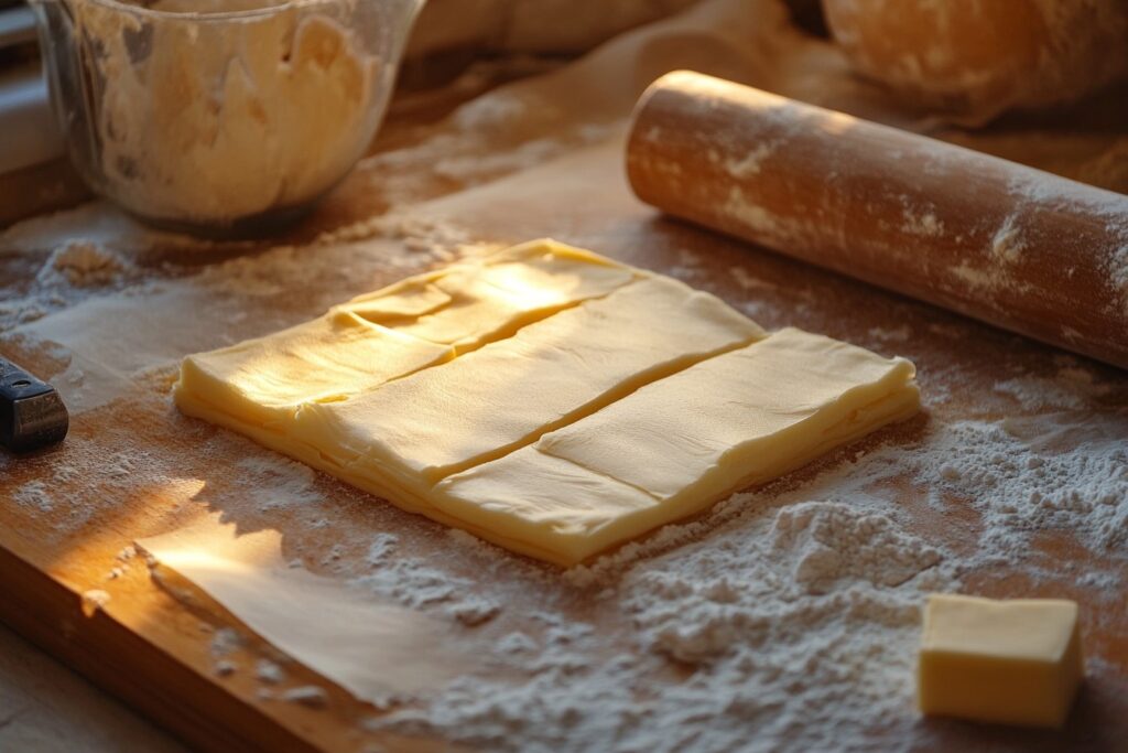 Preparing puff pastry by laminating butter into the dough.